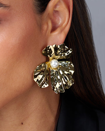 Gold Flower And Pearl Earrings