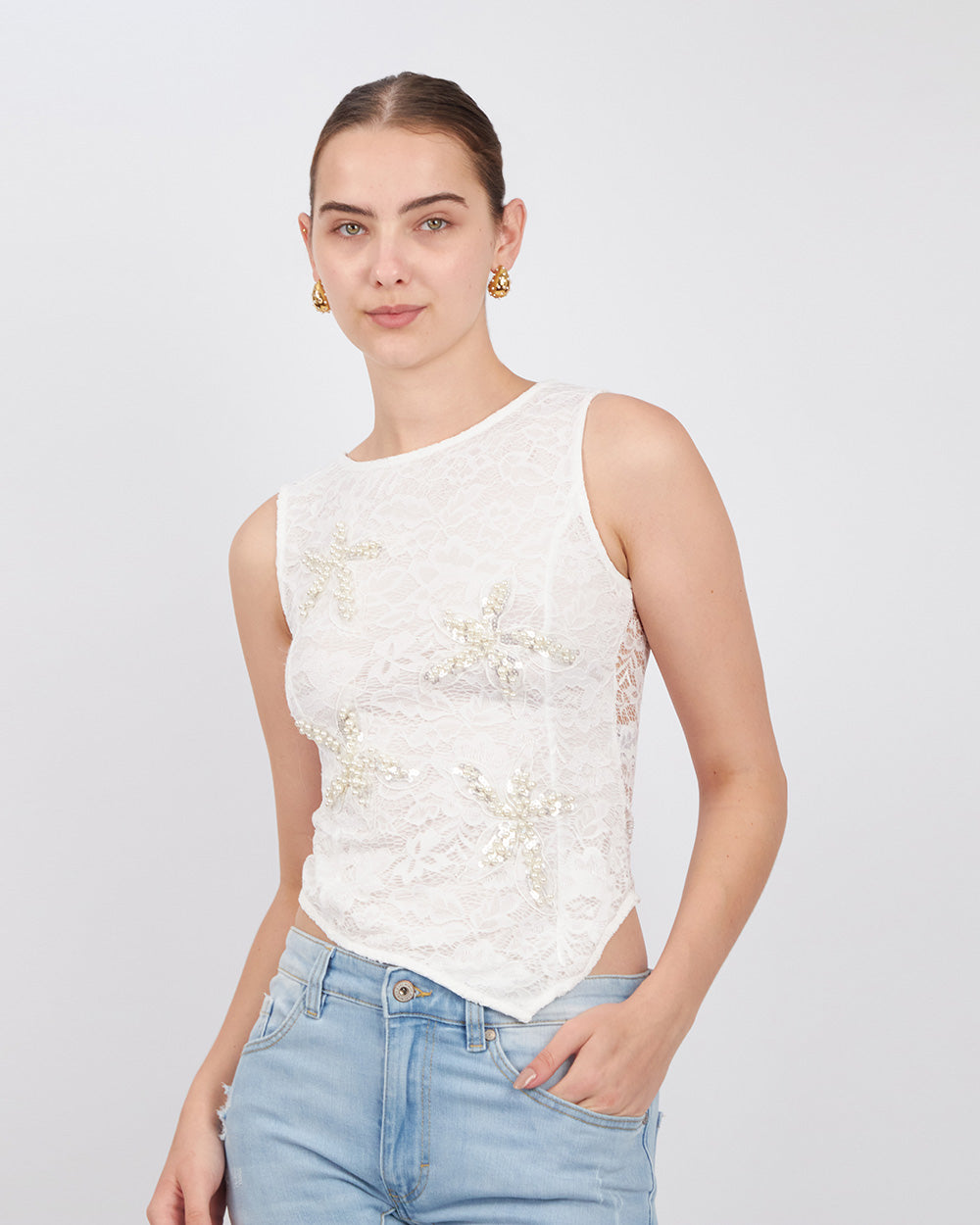 White Top With Pearl Flowers