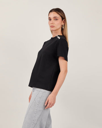 Black Round-Neck Top With Silver Buttons