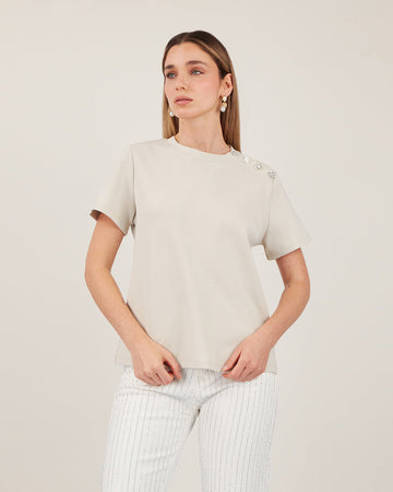 Taupe Round-Neck Top Silver Buttons