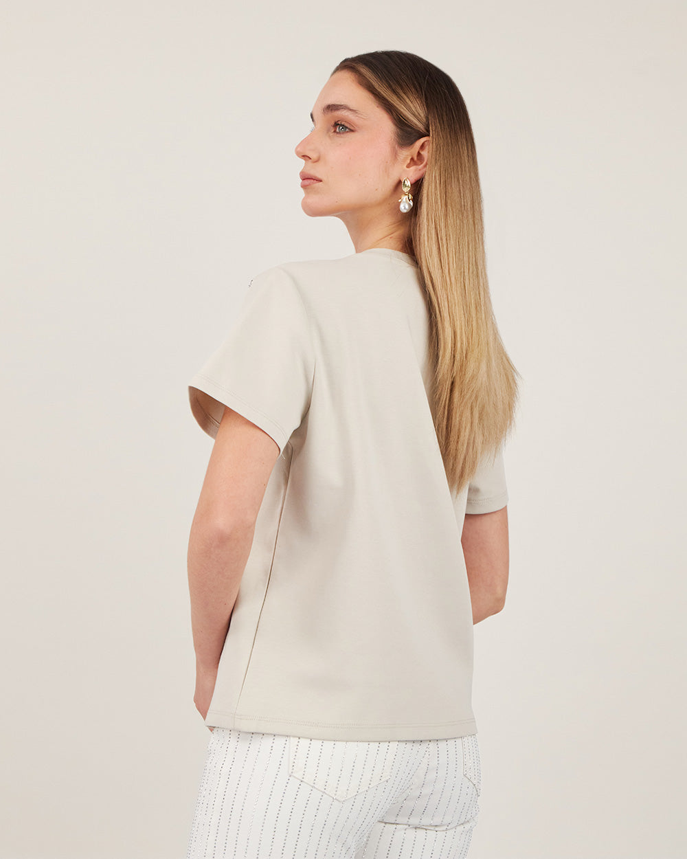 Taupe Round-Neck Top Silver Buttons