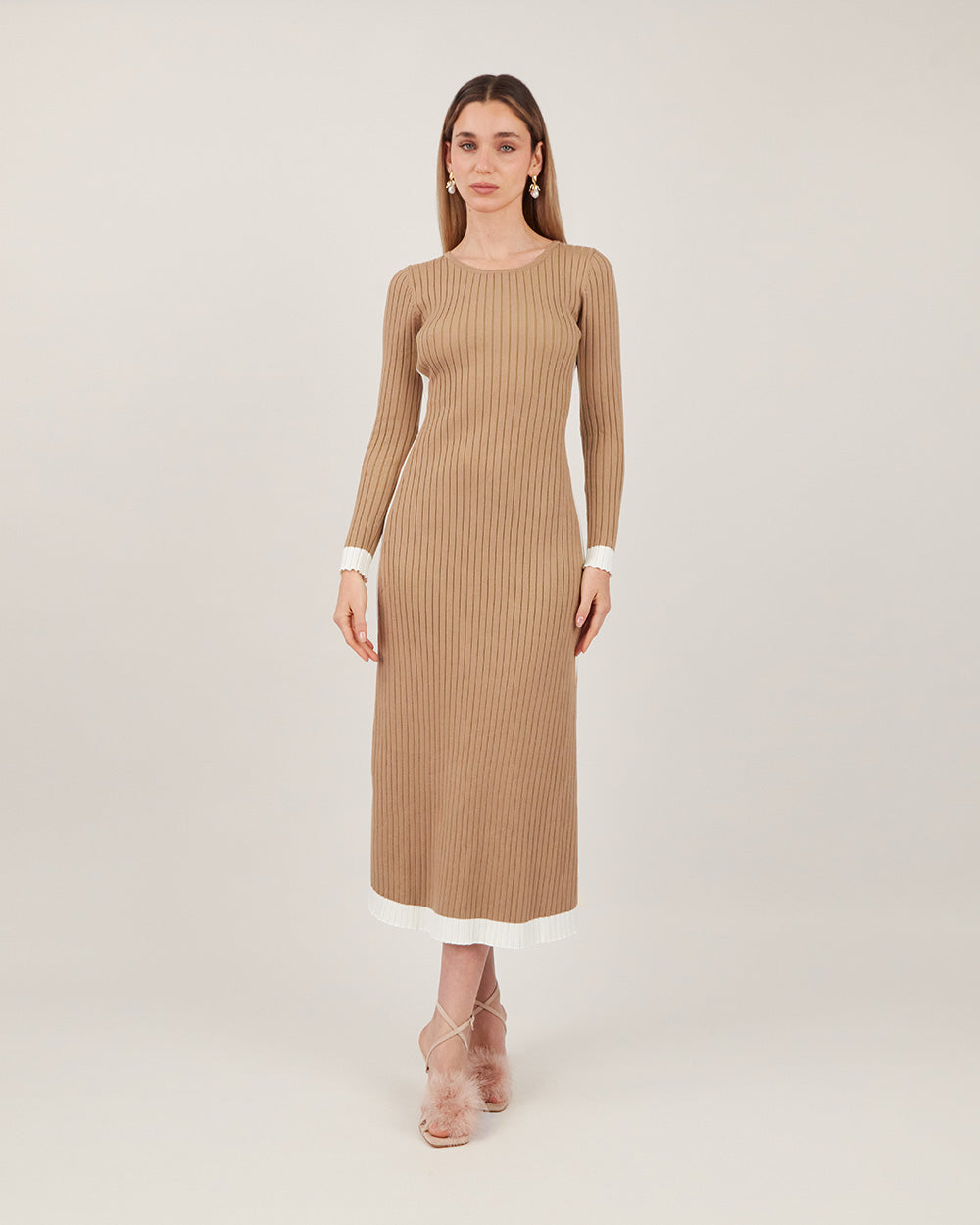 Khaki Knit Dress With Belt