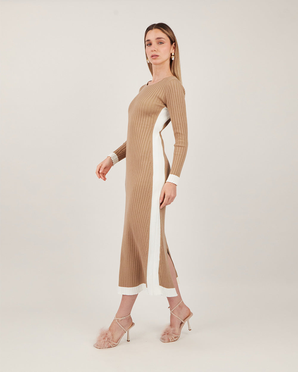 Khaki Knit Dress With Belt