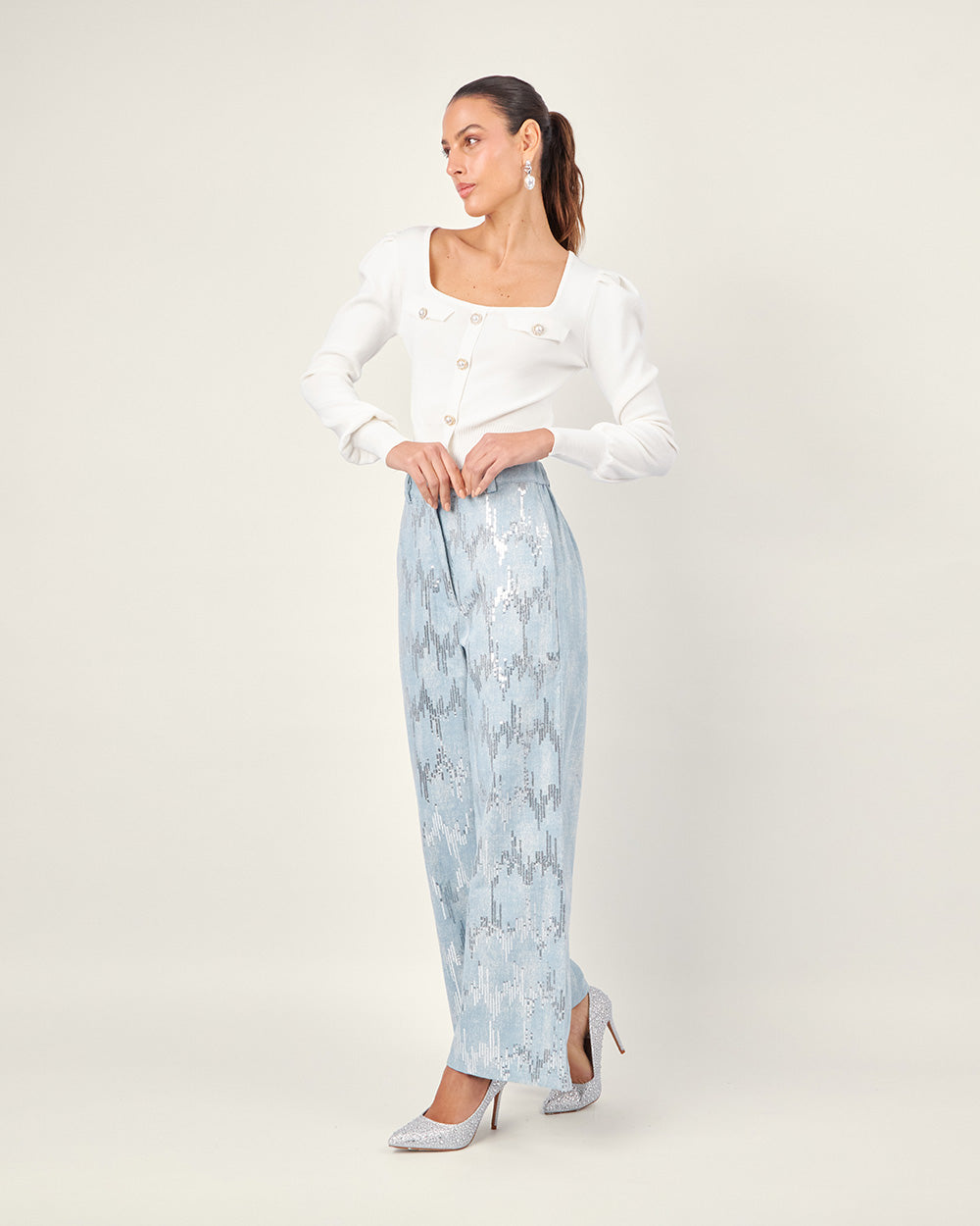 Light blue wide-leg denim pants