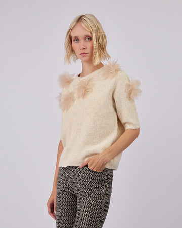 Beige Sweater With Tulle Flowers
