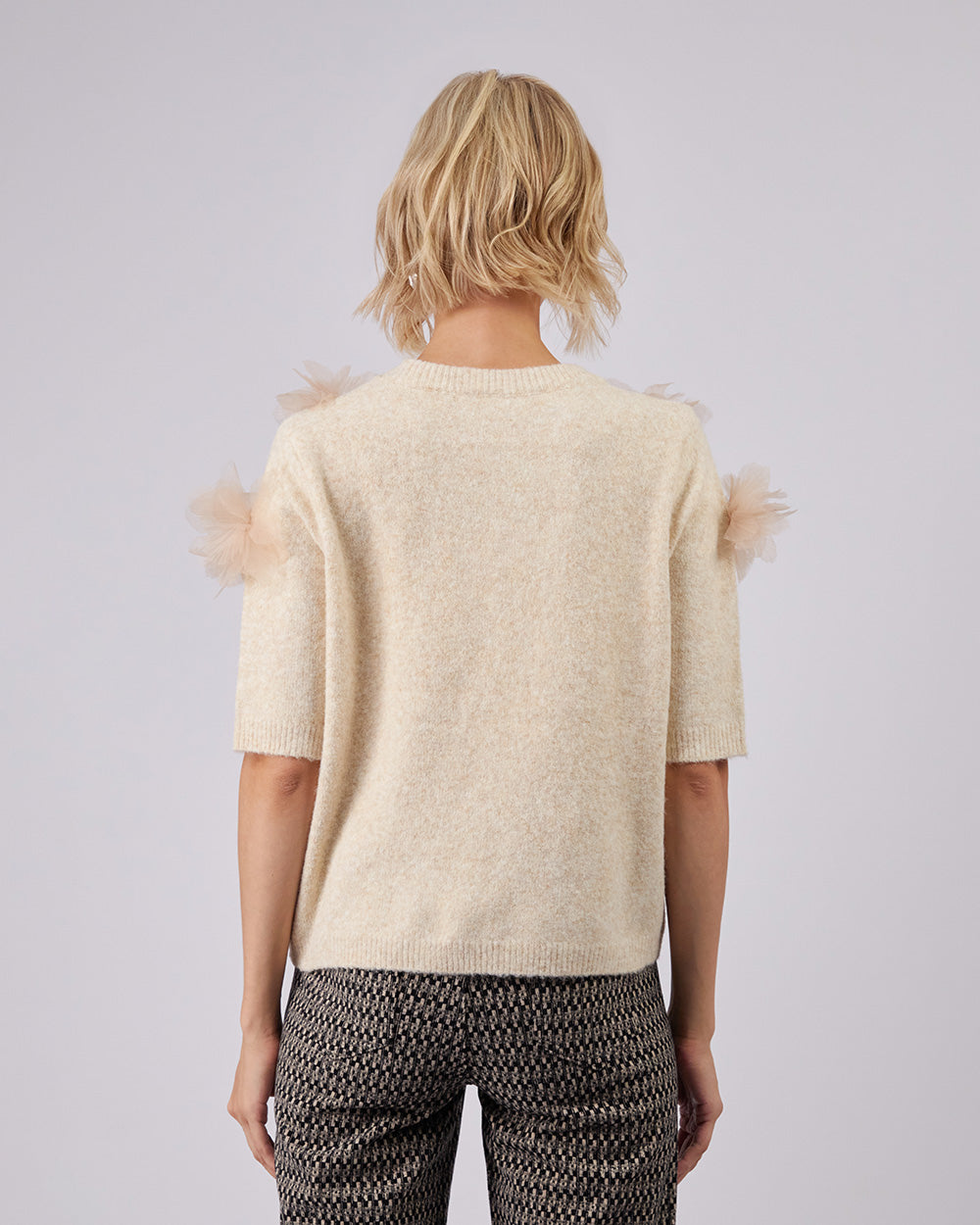 Beige Sweater With Tulle Flowers