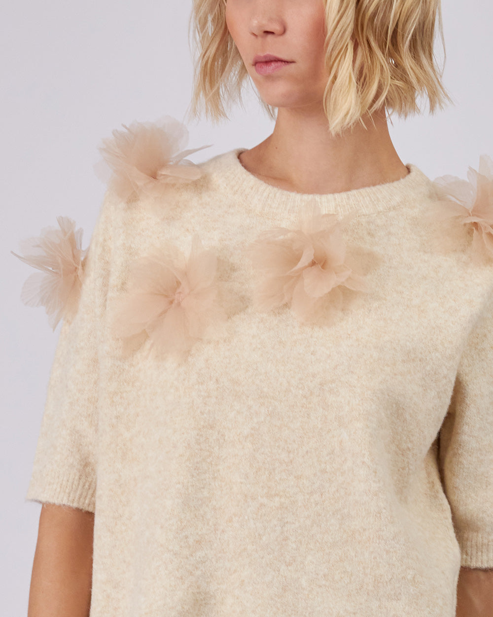 Beige Sweater With Tulle Flowers