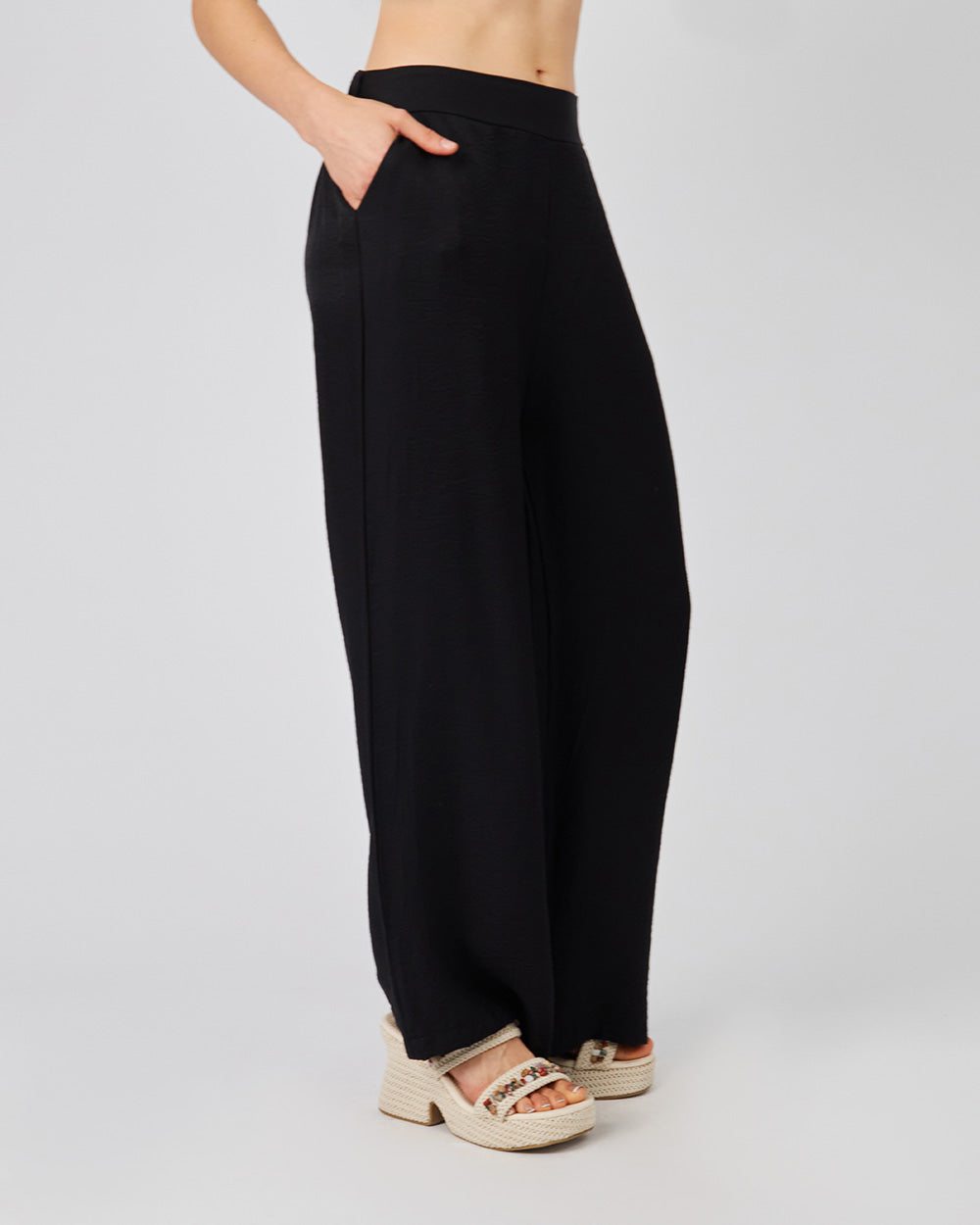 Black Flat Trousers Elastic Waistband