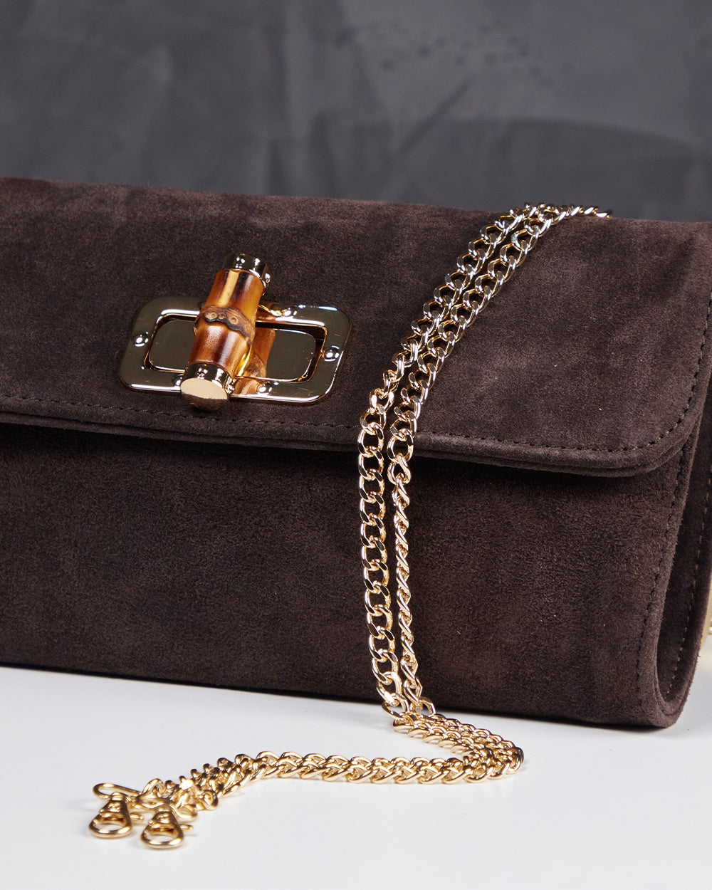 Chocolate Suede Bag With Chain Handle