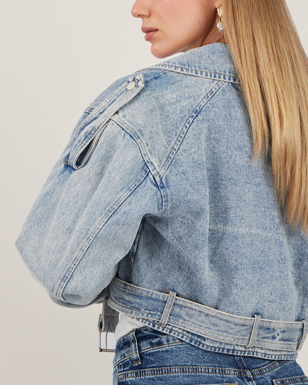 Light Blue Cropped Denim Biker Jacket