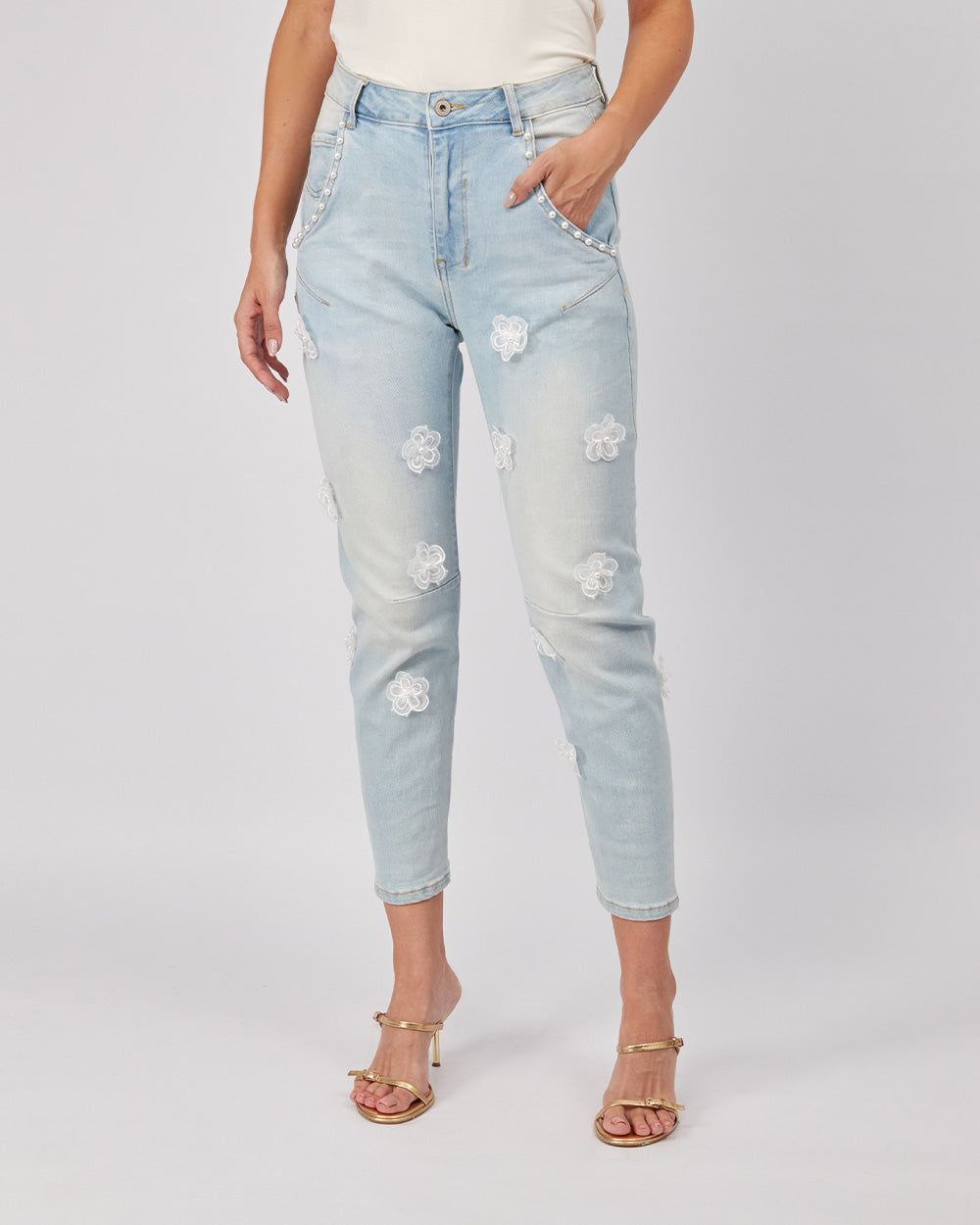 Light Blue Denim Pant 3D Flowers