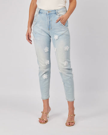 Light Blue Denim Pant 3D Flowers