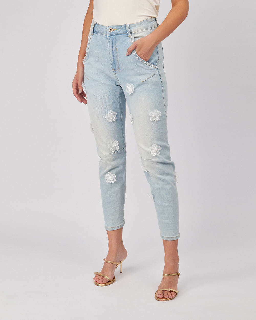Light Blue Denim Pant 3D Flowers