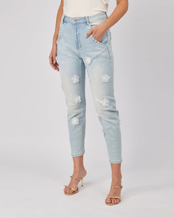 Light Blue Denim Pant 3D Flowers