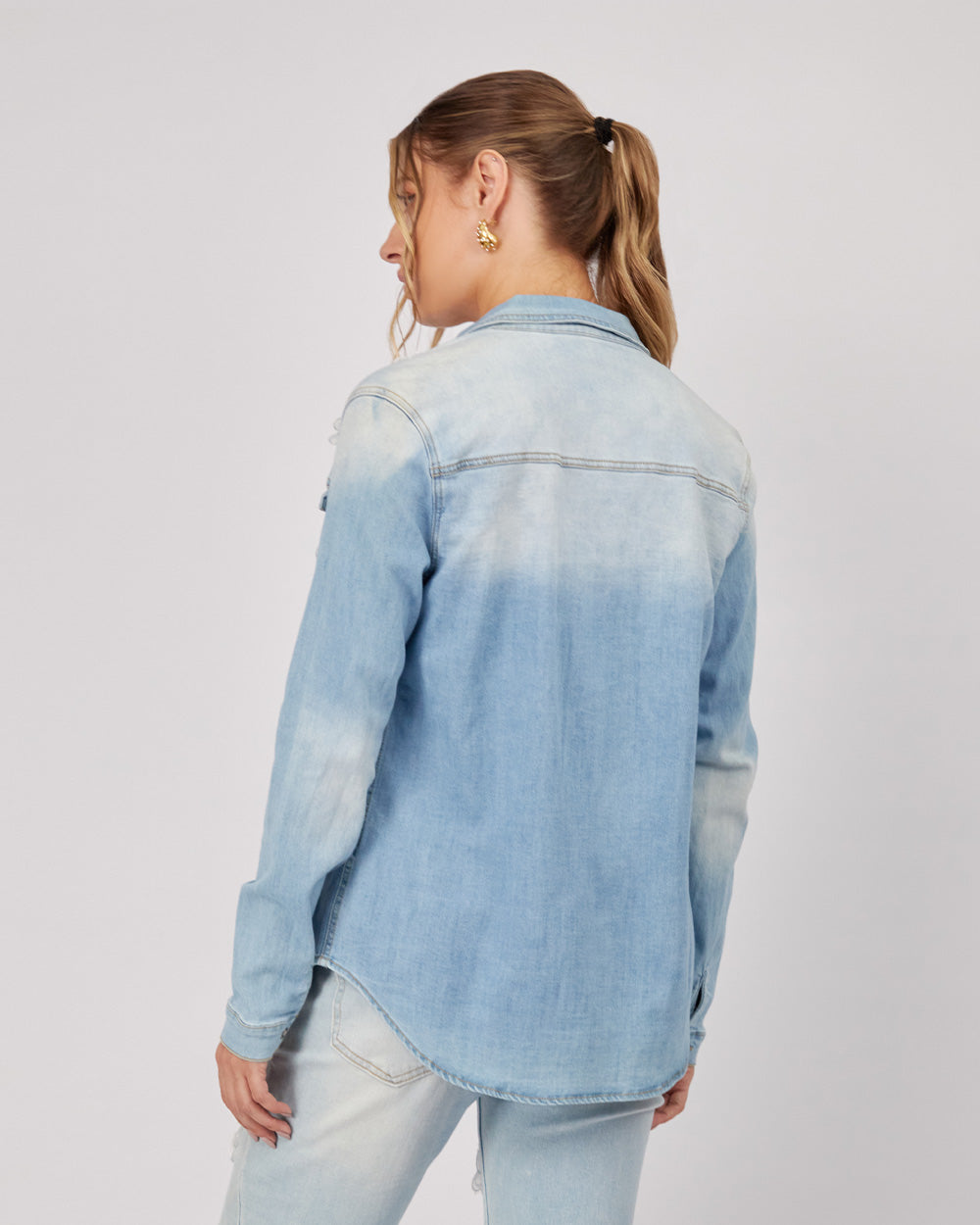 Light Blue Denim Shirt 3D Flowers