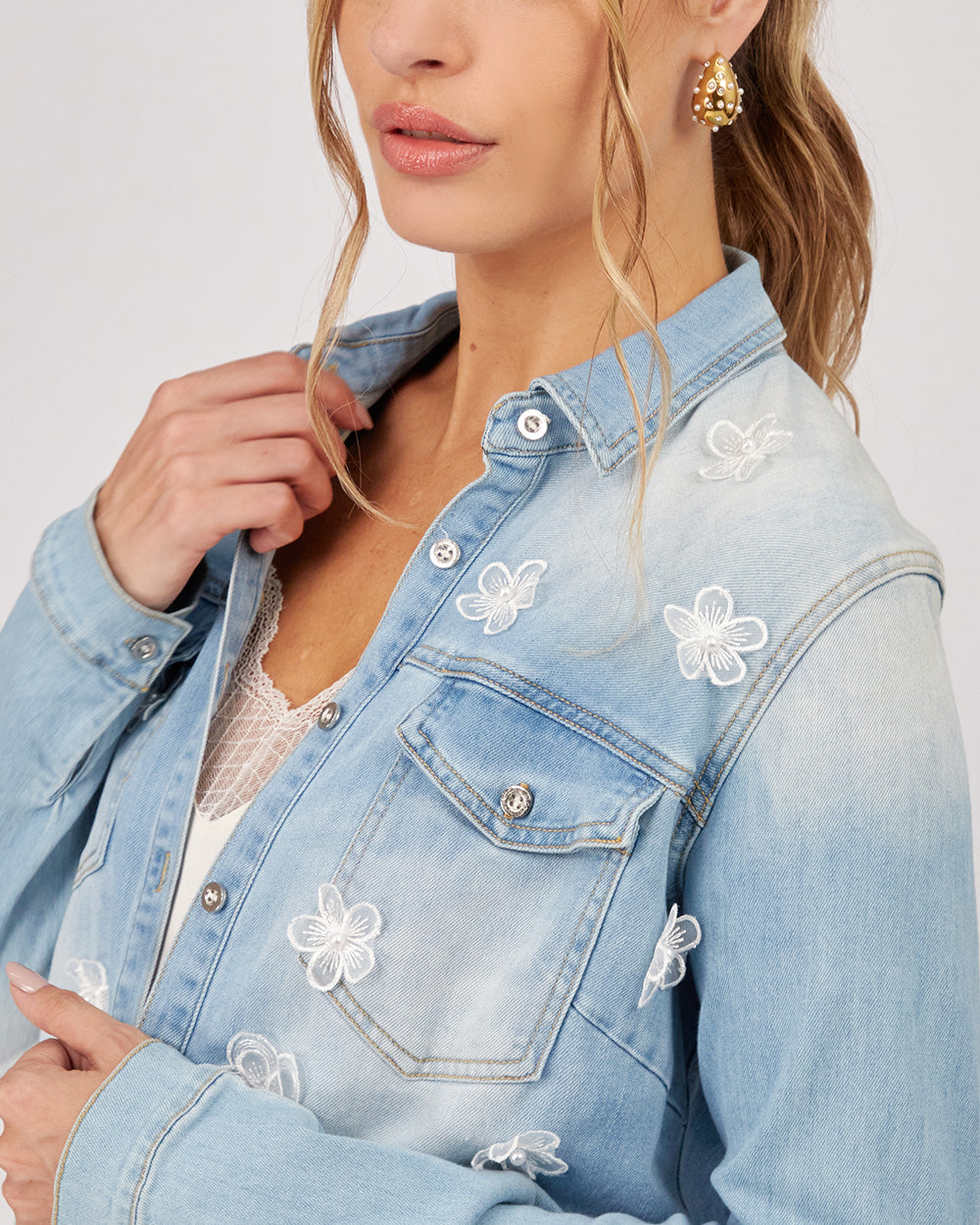 Light Blue Denim Shirt 3D Flowers