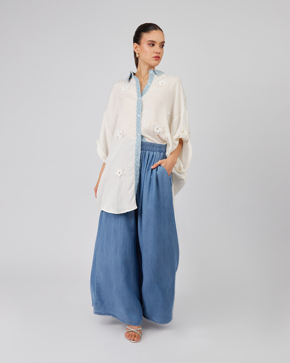 White Shirt With 3D Flowers