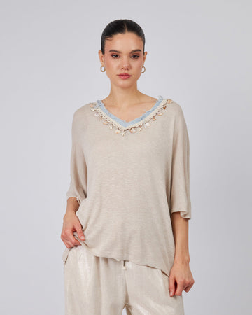 Beige Knitted Blouse Nautical Appliqués