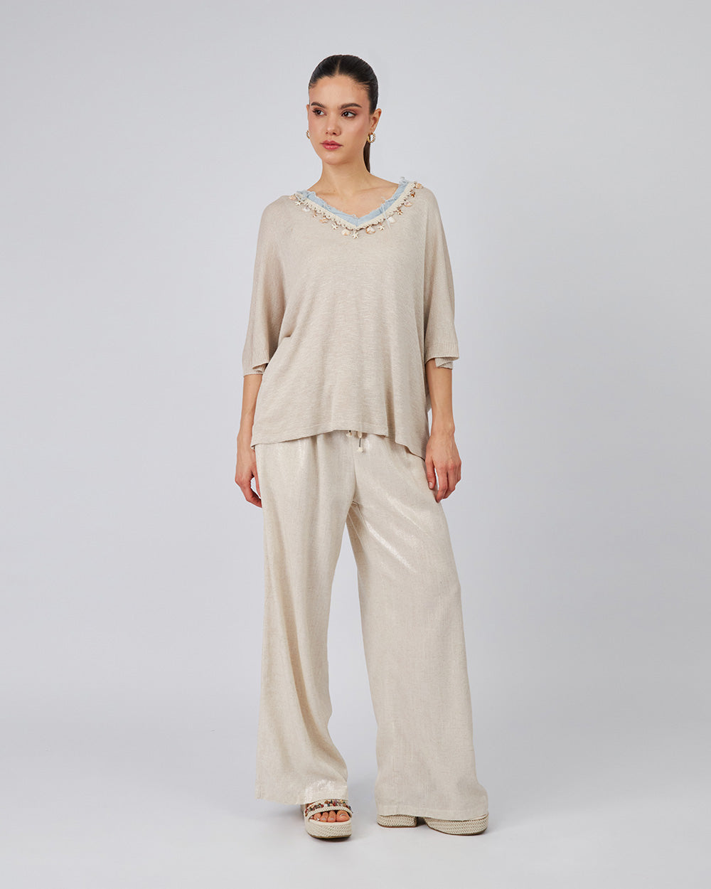 Beige Knitted Blouse Nautical Appliqués