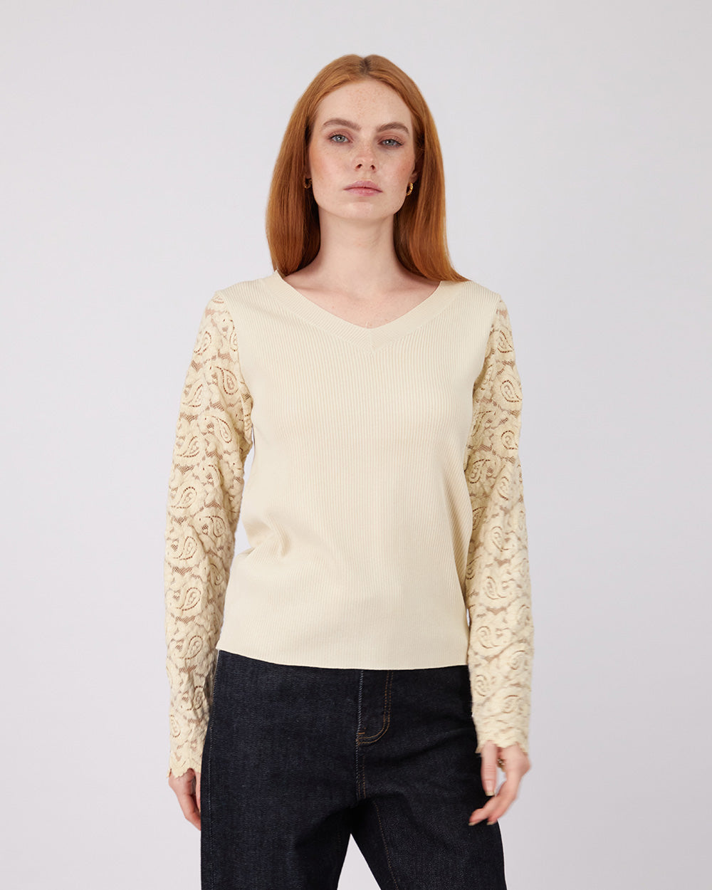Beige Sweater Lace Sleeve