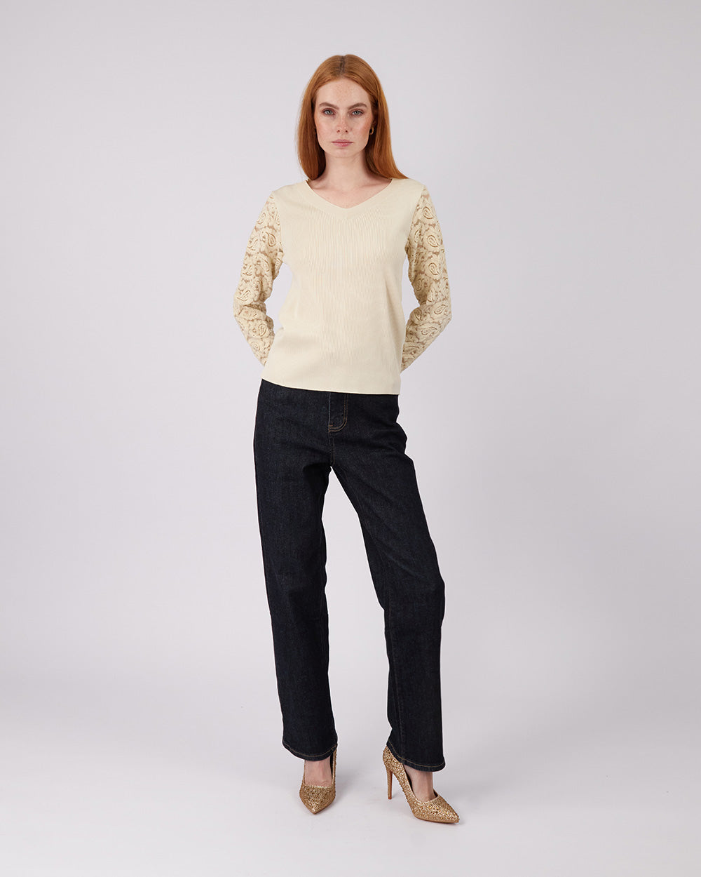 Beige Sweater Lace Sleeve
