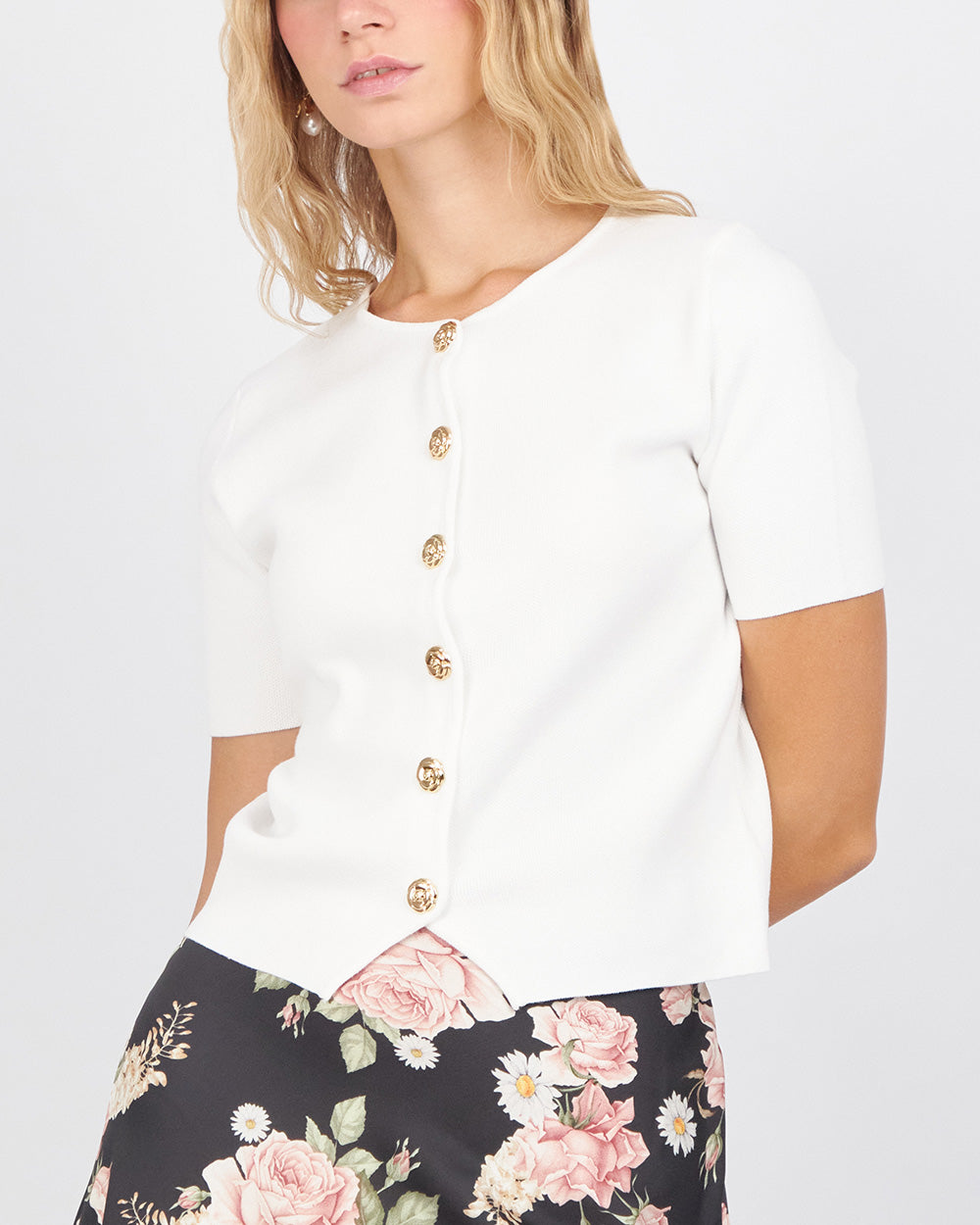Open White Top With Golden Flower Buttons