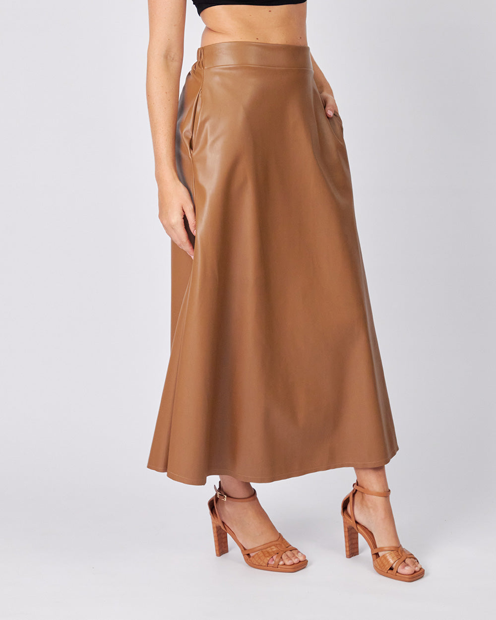 Camel Long Skirt Vegan Leather
