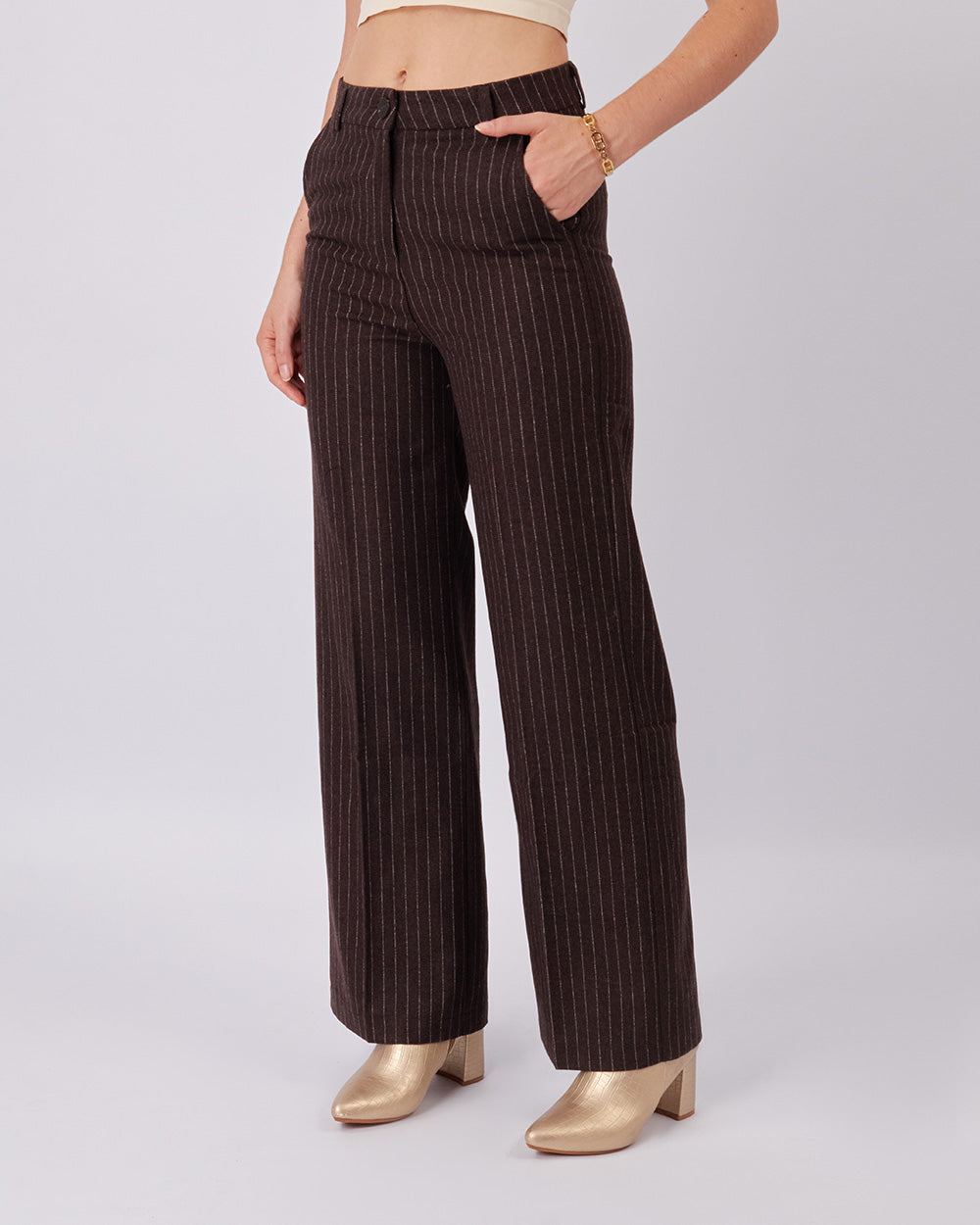 Brown Wide-Leg Striped Pants