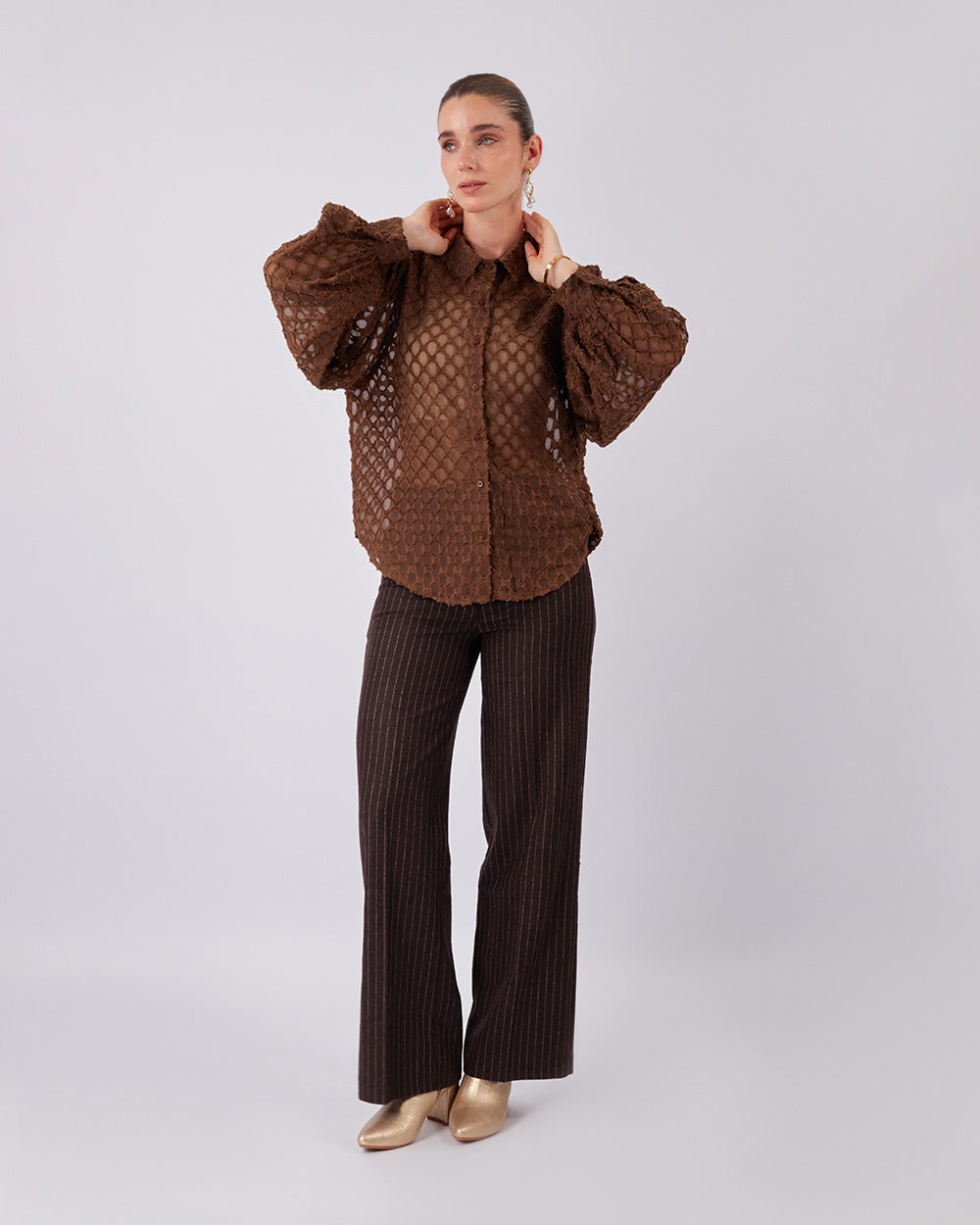 Brown Wide-Leg Striped Pants