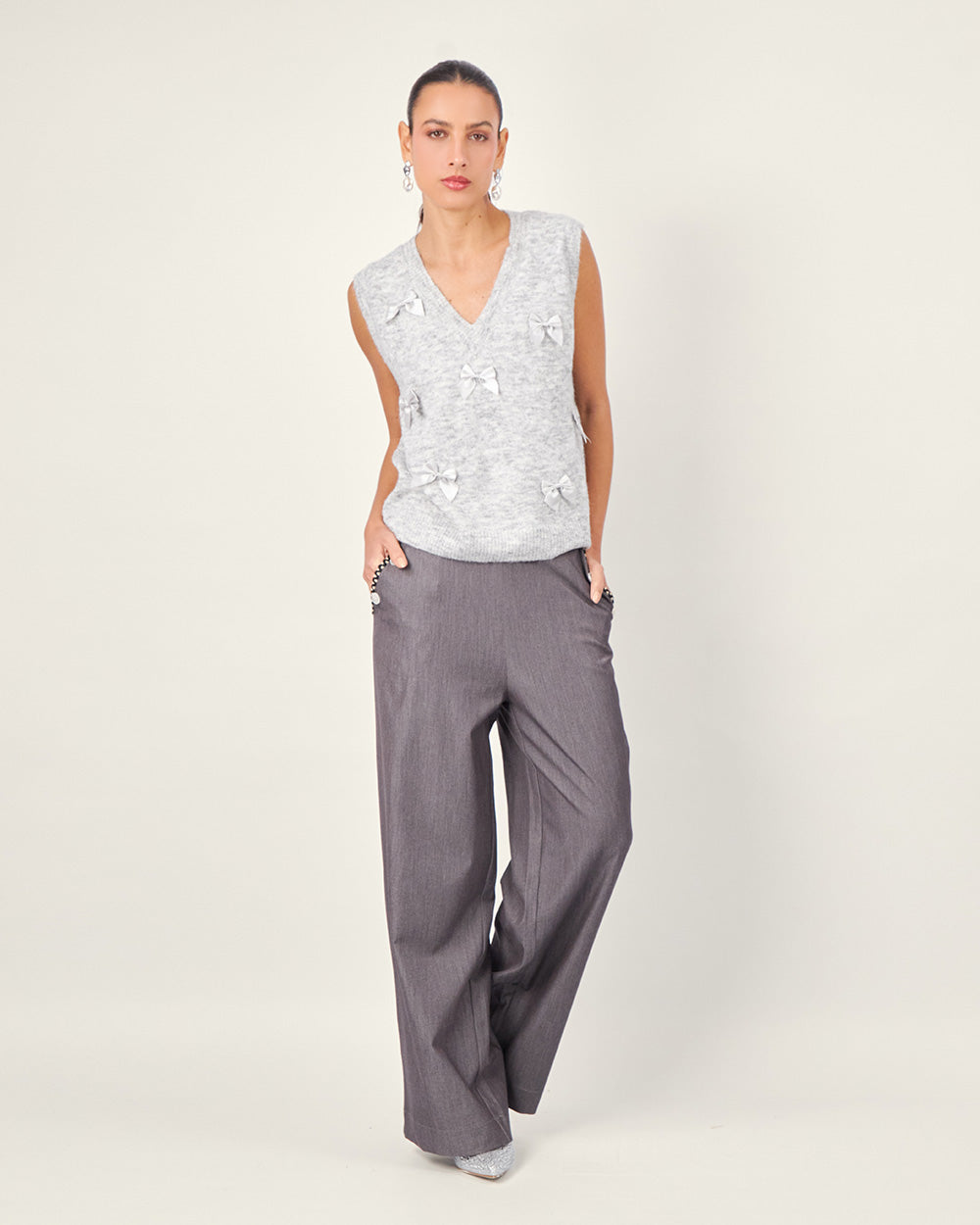 Gray knit-trim pants