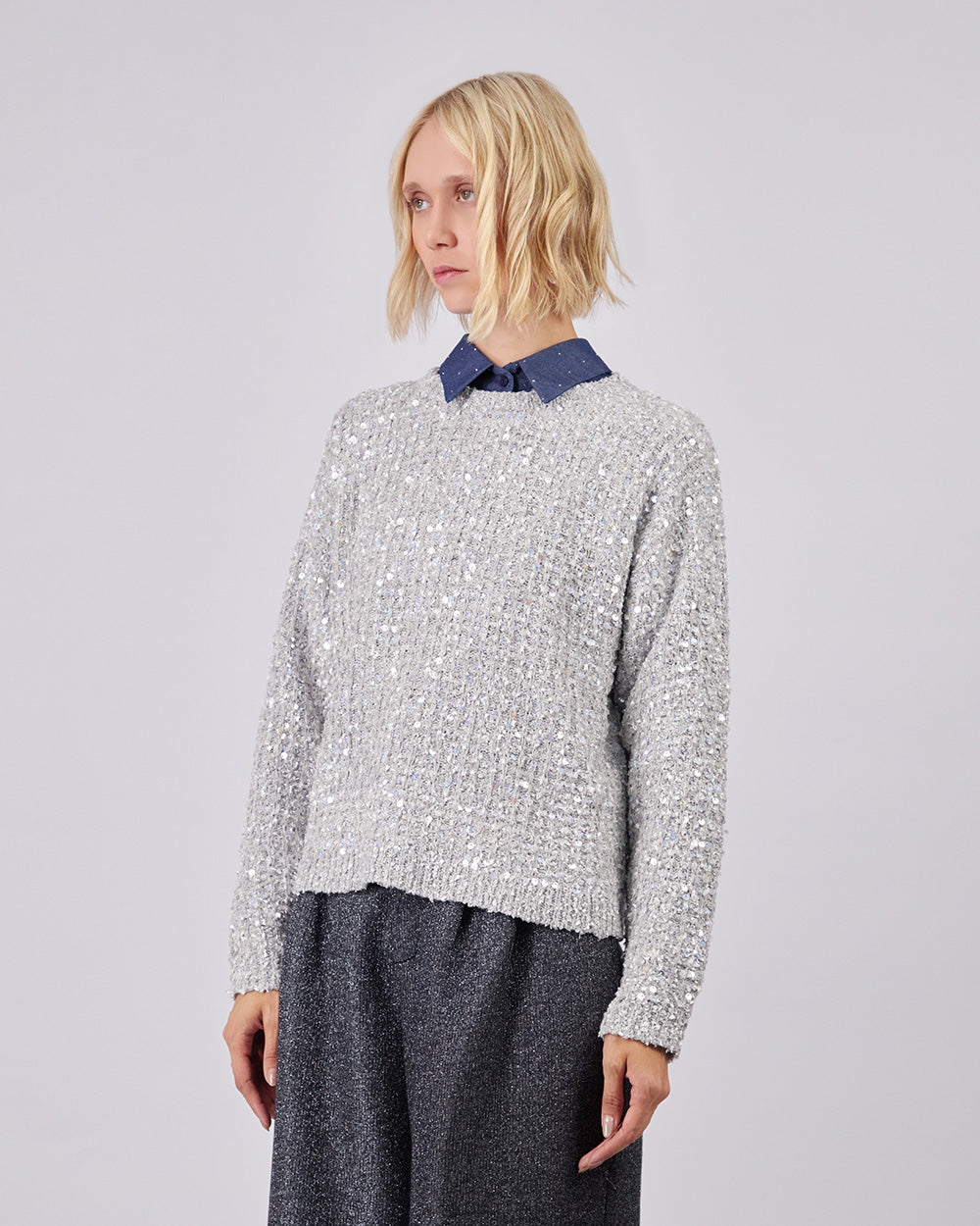 Grey Knitted Sweater With Sequins