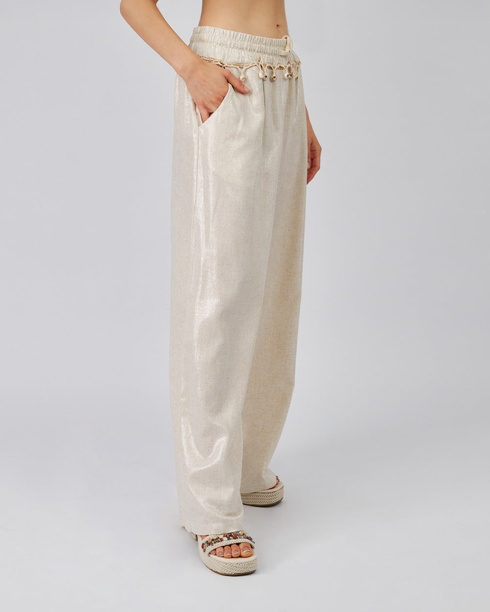 Cream Foil Trousers Dangling Details