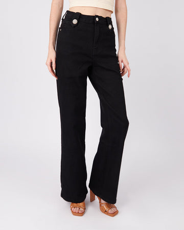 Black Denim Pants Flower Buttons