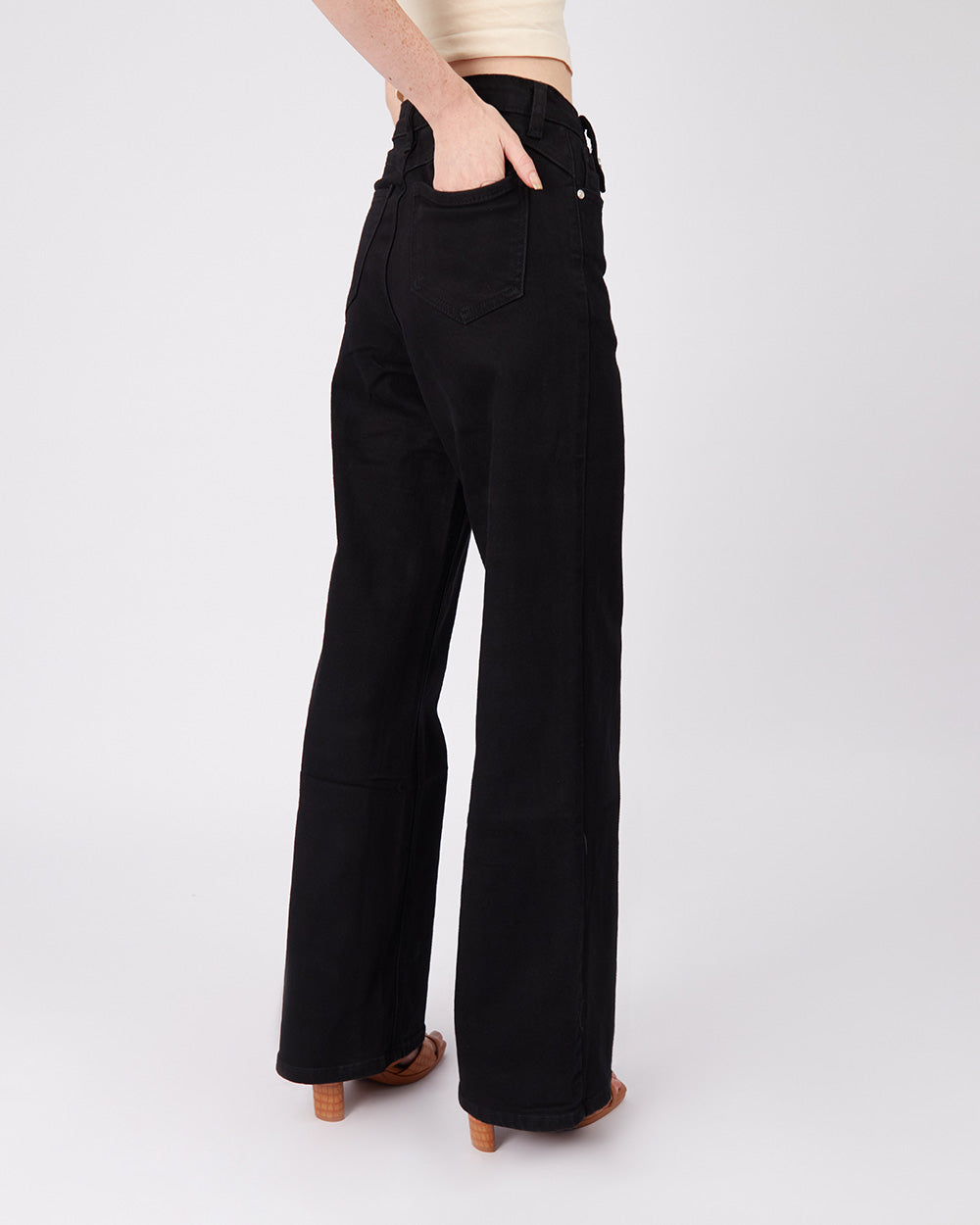 Black Denim Pants Flower Buttons