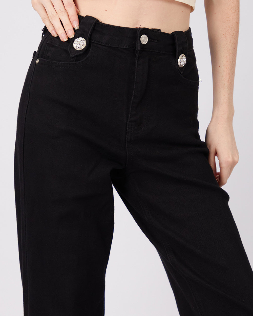 Black Denim Pants Flower Buttons