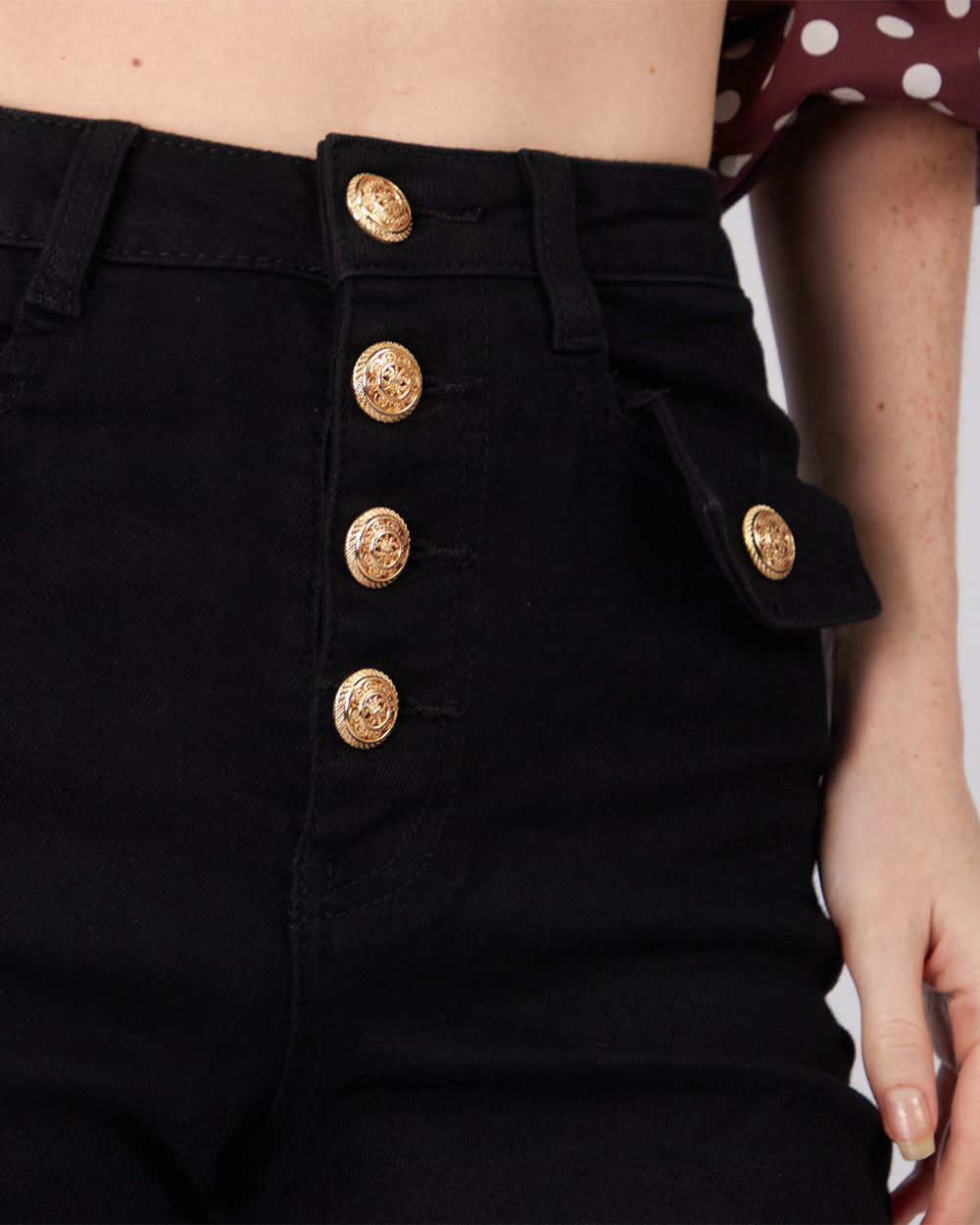 Black Denim Pants Gold Buttons