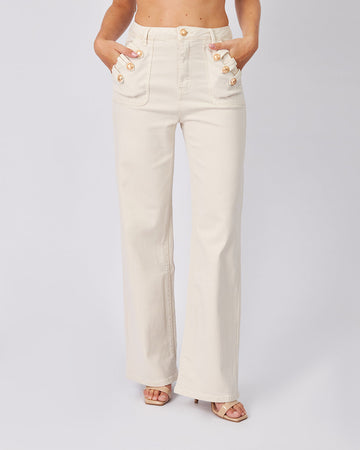 Beige Denim Pants Gold Buttons