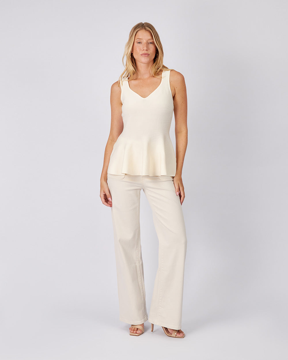 Beige Denim Pants Gold Buttons