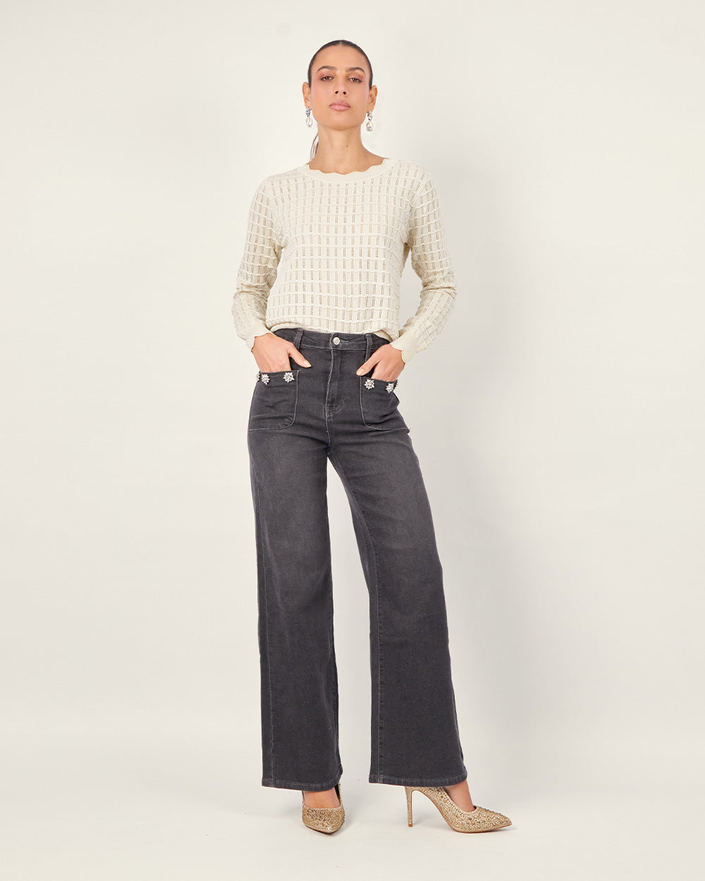 Elegant Black Wide-Leg Denim Pant