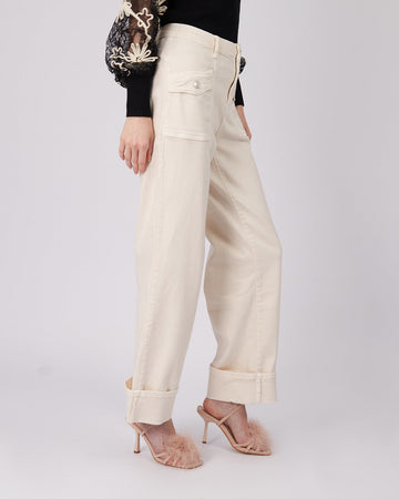 Cream Denim Pants Double Pockets