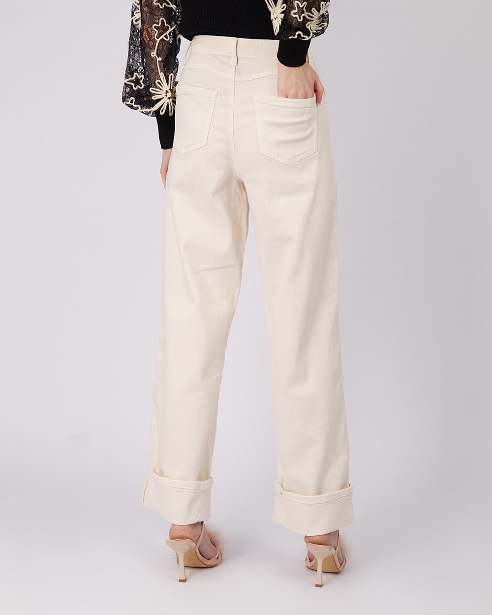 Cream Denim Pants Double Pockets