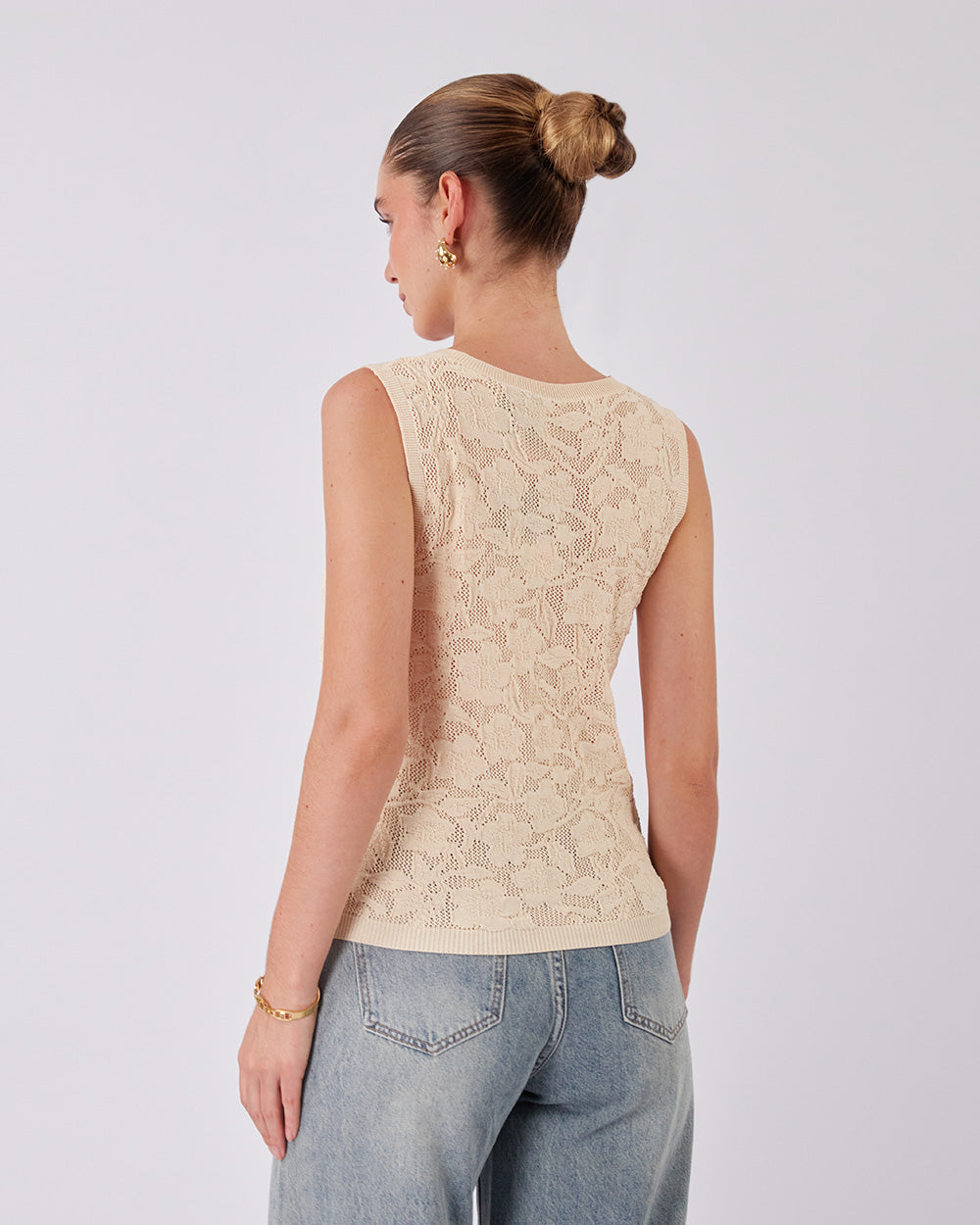Cream Knitted Vest Floral Pattern