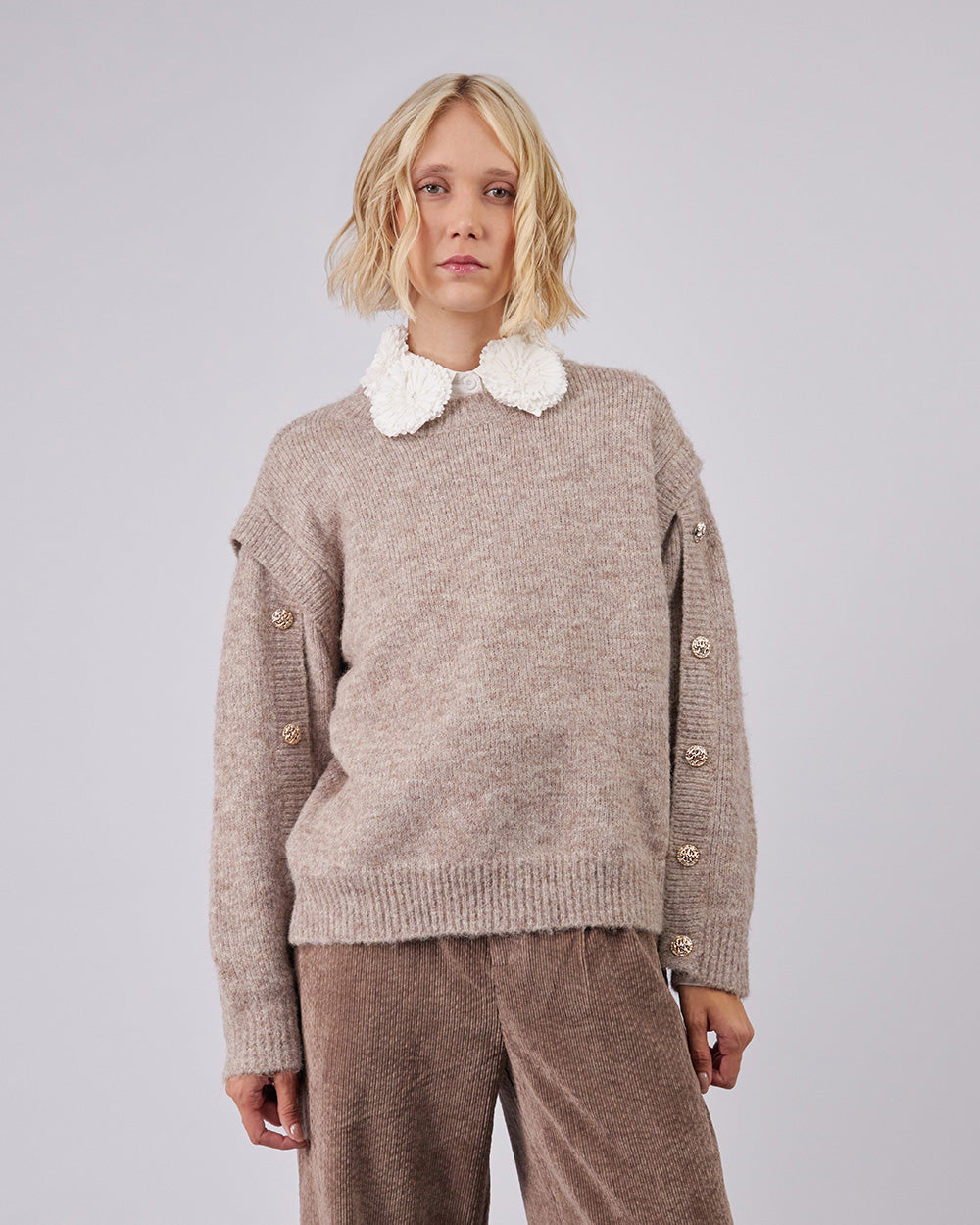 Beige Knitted Sweater With Gold Buttons