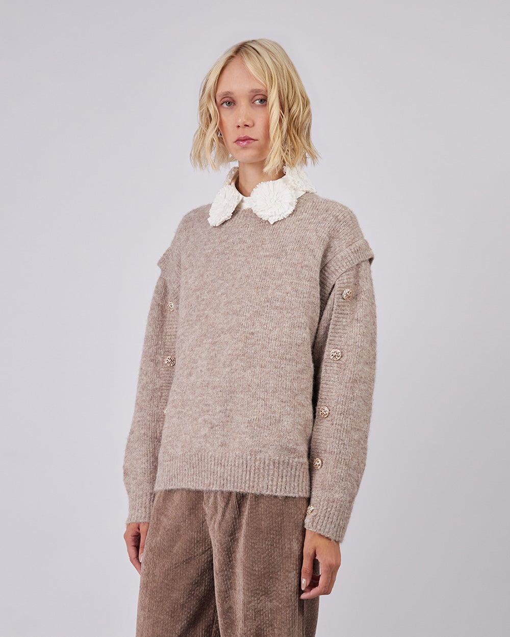Beige Knitted Sweater With Gold Buttons