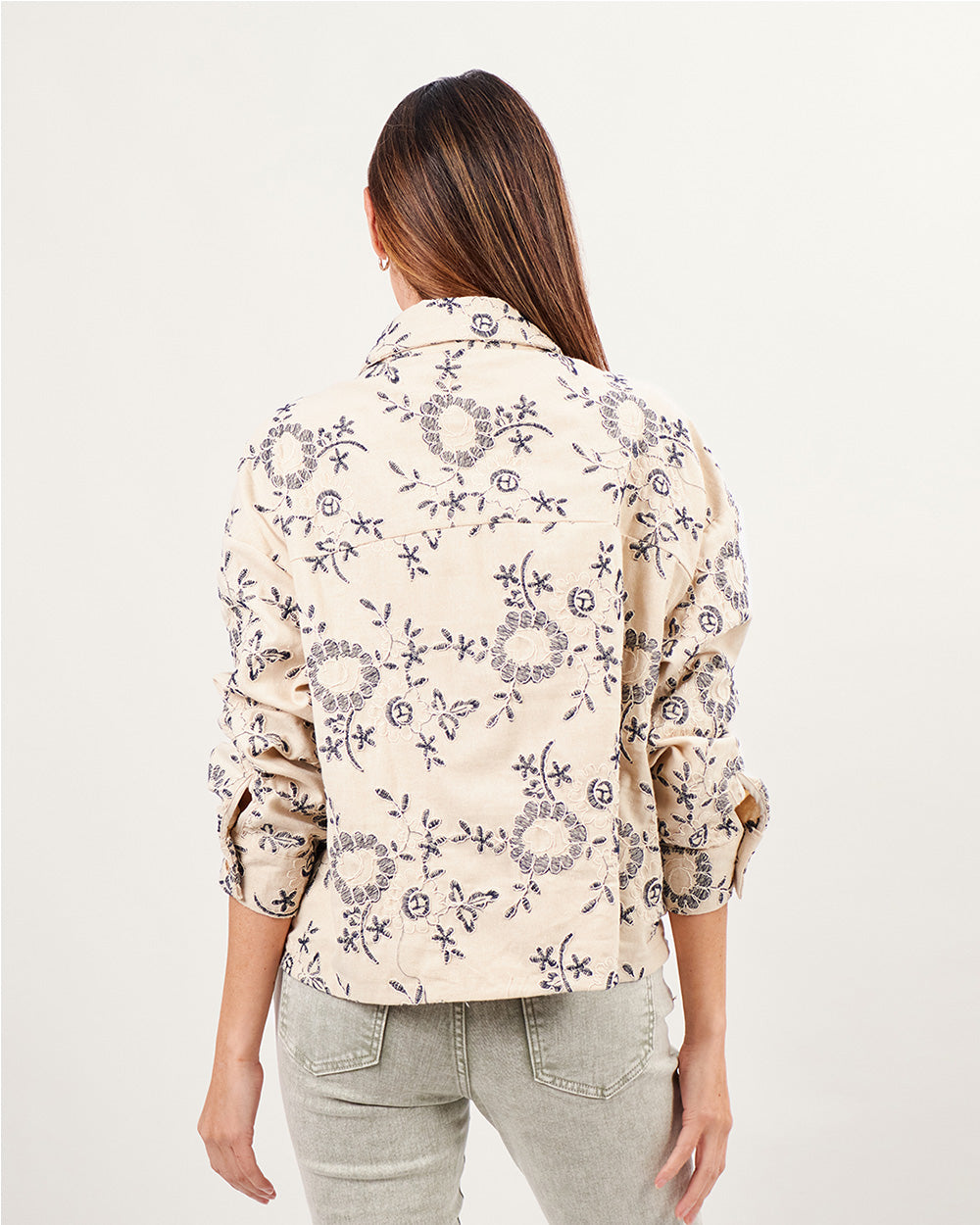 Beige linen jacket with blue brocade and gold buttons