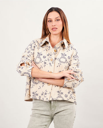 Beige linen jacket with blue brocade and gold buttons