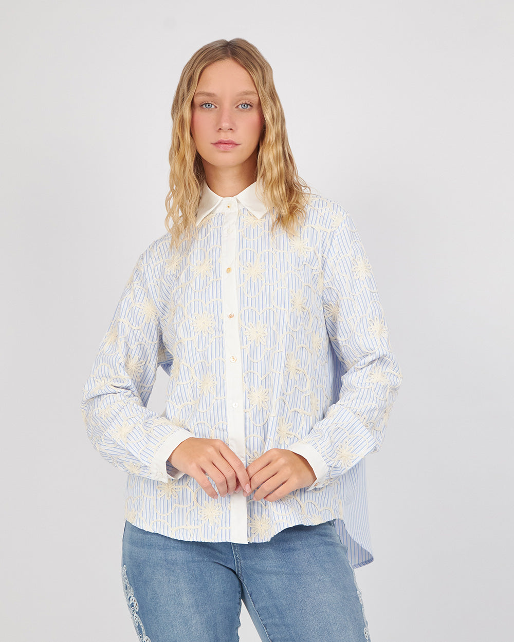 White Shirt With Stripes And Embroidered Flowers