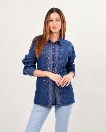 Camisa vaquera azul de manga larga con rayas brillantes centrales