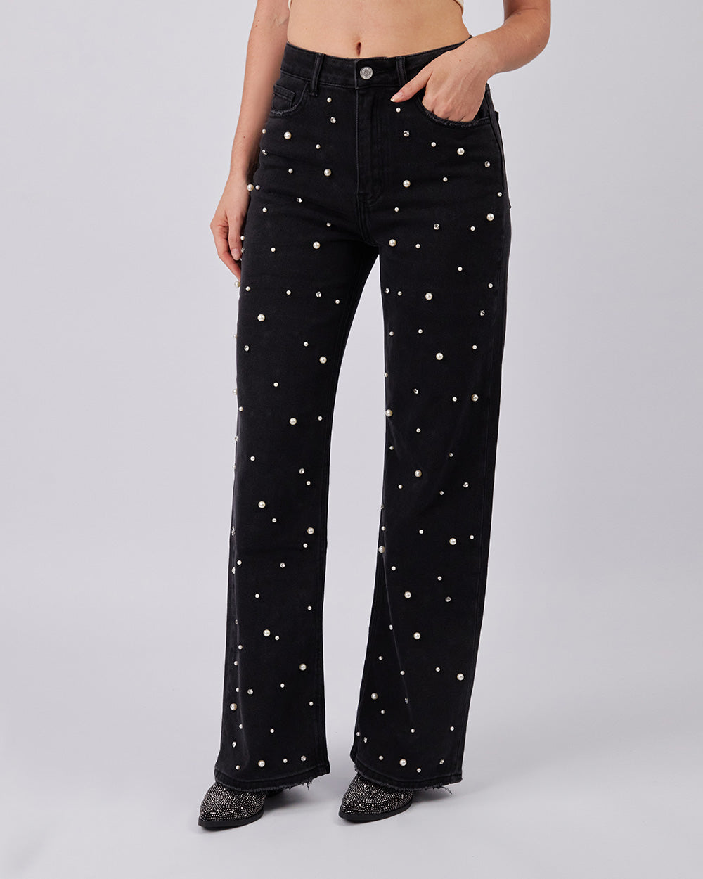 Black Denim Pants With Pearls