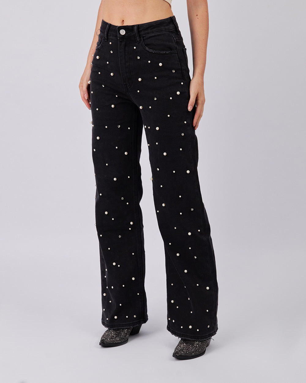 Black Denim Pants With Pearls